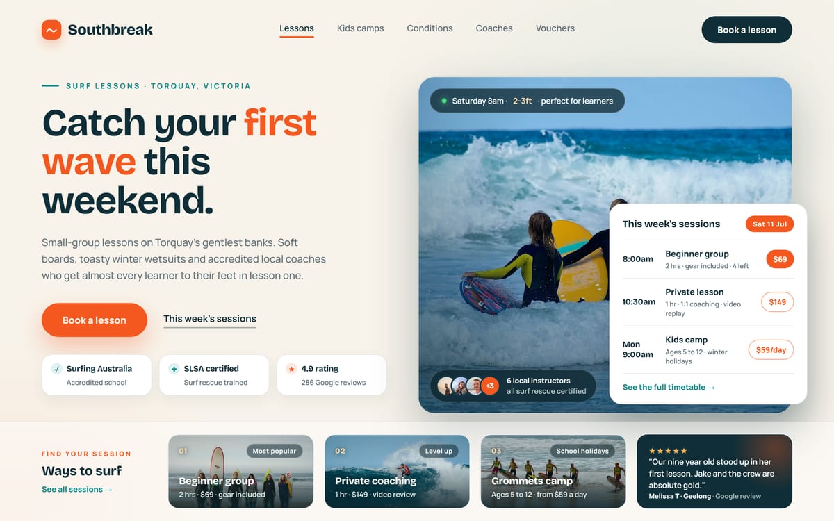 Southbreak Surf School website design